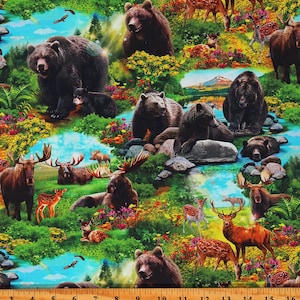 Cotton Moose Deer Fawns Does Bears Wilderness Animals Scenic Grass Rocks Trees Multicolor Cotton Fabric Print by the Yard (A597371) D487.88