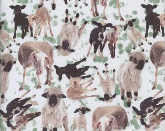 May include: A white fabric with a repeating pattern of black and white sheep and lambs. The sheep and lambs are in various poses, including standing, lying down, and jumping. The fabric has a white background with green splotches.