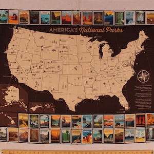 36.5&quot; X 44&quot; Panel America&#39;s National Parks Map Posters Postcards Pictures USA Parks Travel Cotton Fabric Panel D472.42 Riley Blake