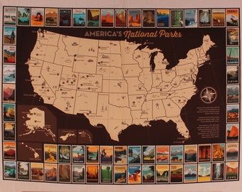 36.5" X 44" Panel America's National Parks Map Posters Postcards Pictures USA Parks Travel Cotton Fabric Panel (P9157-POSTER) D472.42