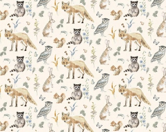 Cotton Wildwood Digital Animals Northwoods Creatures Racoons Foxes Owls Plants Clothworks Cream Cotton Fabric Print by the Yard D786.29