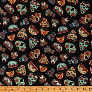 May include: Black fabric with a repeating pattern of colorful, stylized pottery and vessels. The designs include geometric shapes and Southwestern-inspired motifs in shades of orange, turquoise, and brown.