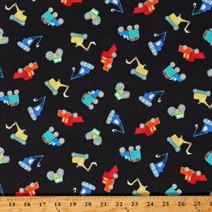 Cotton Construction Vehicles Dump Trucks Cranes Bulldozers Tossed Diggers and Dumpers Kids Black Cotton Fabric Print by the Yard D680.75