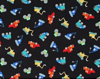 Cotton Construction Vehicles Dump Trucks Cranes Bulldozers Tossed Diggers and Dumpers Kids Black Cotton Fabric Print by the Yard D680.75
