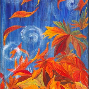 May include: An abstract painting of autumn leaves in shades of orange, red, and yellow against a blue background. The artwork, measuring 24 x 43 inches, features swirling white accents, creating a dynamic and colorful composition. The panel size is 24" x 43".