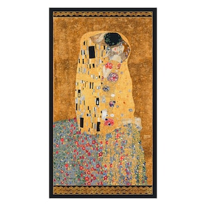 May include: Rectangular art print of Gustav Klimt's "The Kiss." The artwork depicts a couple embracing, with the figures enveloped in gold and adorned with geometric patterns and floral details. The background is a textured gold.