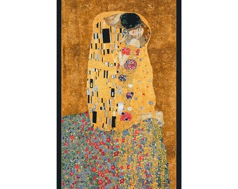 24" X 44" Panel Gustav Klimt The Kiss Famous Painting Replica Metallic Gold Multicolor Cotton Fabric Panel (SRKM-17178-133-gold) D777.53