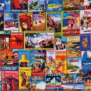 Cotton Travel Vacation Destinations Posters Vintage Library of Rarities Cotton Fabric Print by the Yard D480.31 Licensed Robert Kaufman