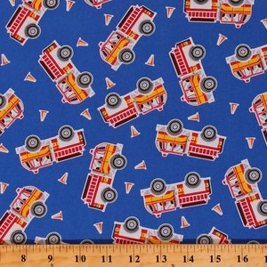 Cotton Firemen Fire Department Fire Trucks Fire Engines Blue Cotton Fabric Print by the Yard (9737GL-55) D577.39 by Benartex Fabrics