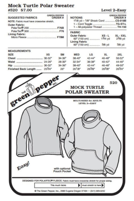 Green Pepper Adults Mock Turtle Polar Sweater #520 Sewing Pattern