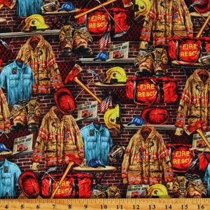 Cotton Firefighter Equipment Firefighters Fire Department First Responders Cotton Fabric Print by the Yard D694.71 Timeless Treasures