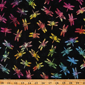 Cotton Batik Dragonfly Dragonflies Rainbow on Black Cotton Fabric Print by the Yard (TONGA-B7126 Black) D307.57