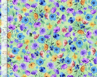 Cotton Meadow Bloom Nasturtium Floral Field Flowers Spring Timeless Treasures Green Cotton Fabric Print by the Yard D135.01