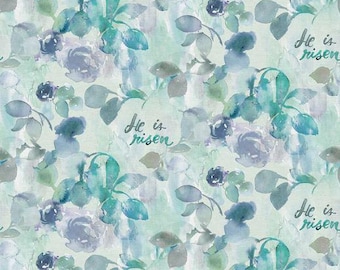 May include: Watercolor floral pattern in shades of blue, teal, and gray. The design features roses and leaves with the text "He is risen" in a script font, set against a light green background.