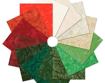 May include: A collection of 12 fabric squares in shades of red, green, and white. The fabric has a marbled or swirled pattern.