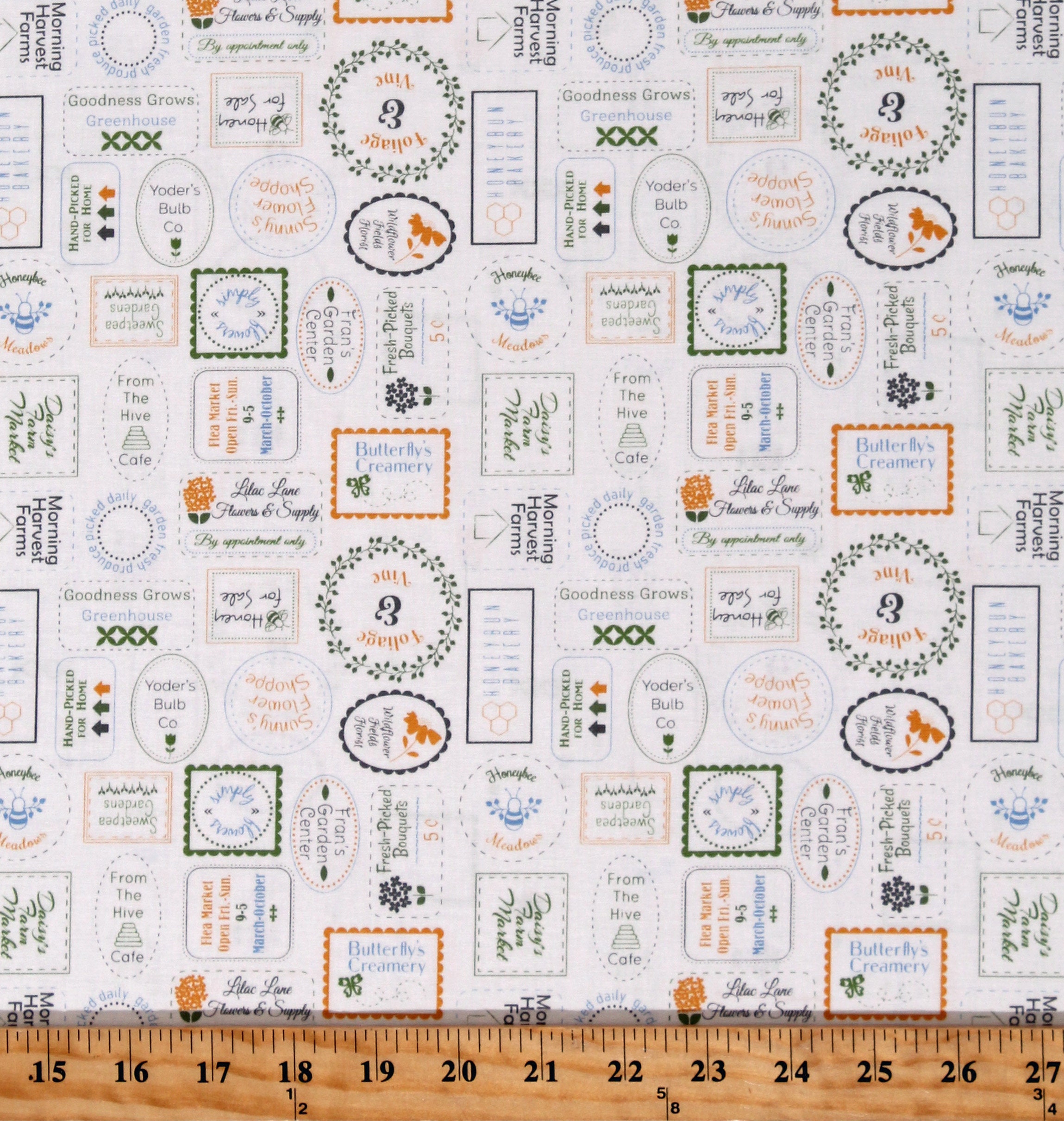 Cotton Stamps Companies Produce Groceries Brands Spring Brook White Cotton Fabric Print by the Yard (29115-31) D654.05