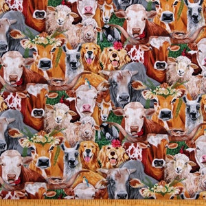 Cotton Farm Animals Cows Sheep Dogs Llamas Goats Faces Floral Happy Farm Cotton Fabric Print by the Yard (28001MULTI) D371.59
