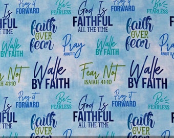 Tela de algodón azul con estampado "Camina por la fe", versículos bíblicos, palabras, citas, escrituras, oración cristiana, cortada a medida D758.55 por David Textiles
