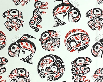 Cotton Eagle's World Native American Motifs Eagles Wolves Orcas Elizabeth Studios White Cotton Fabric Print by the Yard (53003WHITE) D463.80