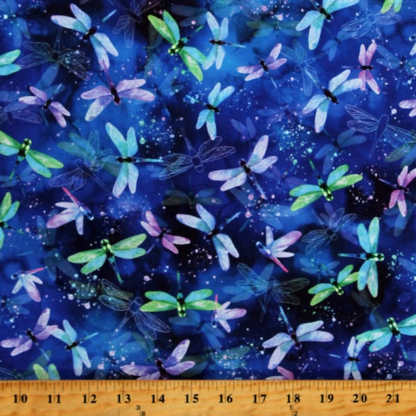 Cotton Dragonflies Dragonfly Insects Bugs Wading with Water Lilies Sapphire Blue Cotton Fabric Print by the Yard D759.52