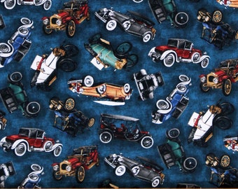 Cotton Cars Antique Vintage Retro On The Road Blue Cotton Fabric Print by the Yard (SRKD-19884-62-INDIGO) D768.52