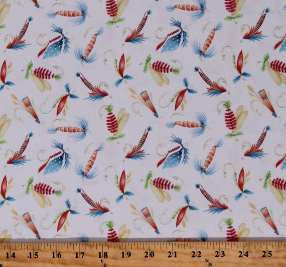 Cotton Fishing Lures Tackle Bait Animals Fishing Gear Keep It Reel Cream  Cotton Fabric Print by the Yard (07928-07) D682.72