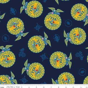 May include: Navy blue fabric with a repeating pattern of yellow FFA emblems, eagles, and blue agricultural icons. The FFA emblems are circular with text and a central bird design. Additional blue line art includes a tractor and corn.