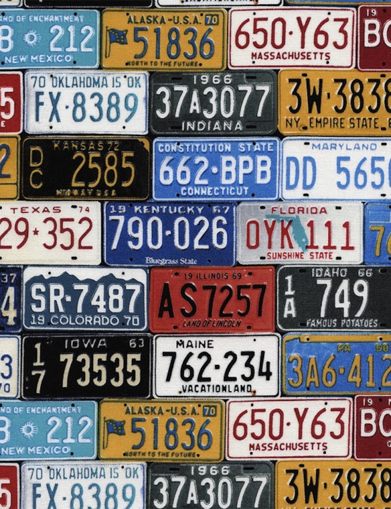 Cotton State License Plate Plates Allover Cotton Fabric Print Etsy