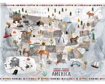 31.5" X 44" Panel United States of America Panel USA East to West Travel Maps Multicolor Cotton Fabric Panel (DDC9683-GRAY-D) D479.63