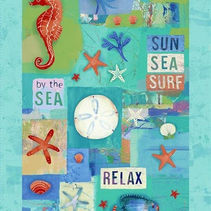 24&quot; X 44&quot; Panel Sanibel Beach Island Seashells Fish Ocean Blue Cotton Fabric Panel (Y3204-55) D483.56