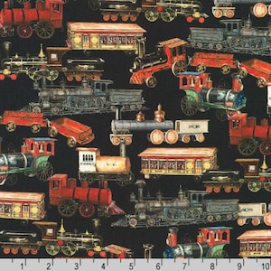 May include: A black fabric featuring a repeating pattern of vintage train illustrations. The trains are in various colors, including red, green, and gold, with intricate details. The word "COMET" is visible on one train. The fabric is suitable for quilting or crafting.