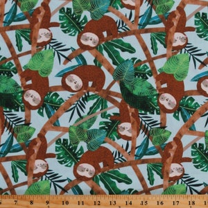Cotton Sleeping Sloths in Jungle Tree Branches Cute Animals on Blue Kids Cotton Fabric Print by the Yard (13860-TEAL) D569.50