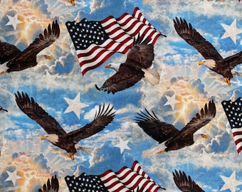 Cotton Soaring Eagles American Flags USA Patriotic Independence Day Stars & Stripes Fabric Print by the Yard (DP24281-44BLUEMULTI) D305.42