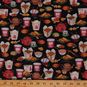 Cotton Chinese Food Takeout Fried Rice Egg Rolls Fortune Cookies Oriental Foods Order Up Black Cotton Fabric Print by the Yard (D574.89)