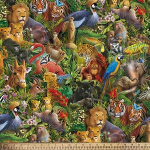 May include: A vibrant, detailed illustration featuring a variety of jungle animals, including lions, tigers, monkeys, and parrots, set against a lush, green background. The artwork showcases a rich tapestry of wildlife, with a ruler at the bottom.
