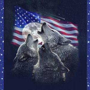 May include: Three grey wolves howling at the moon, with an American flag waving in the background. The moon is full and bright, and the stars are visible in the night sky.