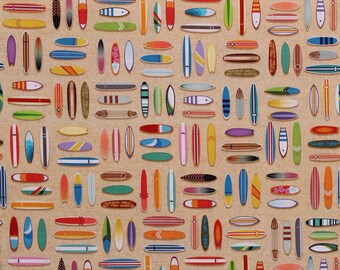 May include: A beige fabric with a repeating pattern of colorful surfboards. The surfboards are in various styles and designs, including striped, solid, and patterned.