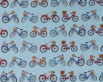 Cotton Bikes Bicycles Flowers Gifts Baskets Polka Dots Transportation Blue Enjoy the Journey Cotton Fabric Print by Yard (6844-11) D477.39