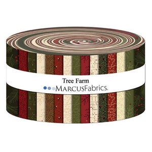 May include: A roll of fabric featuring a variety of Christmas-themed prints in shades of red, green, brown, and cream. The fabric is labeled "Tree Farm" and "MARCUSFabrics."