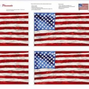 May include: Four placemats featuring a watercolor-style American flag design. The flag is red, white, and blue with a distressed look. The placemats are titled "Wings of Freedom Placemats".