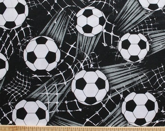 Cotton Soccer Sport Soccer Balls Nets Black Cotton Fabric Print by the Yard (sport-6031-black) D662.32