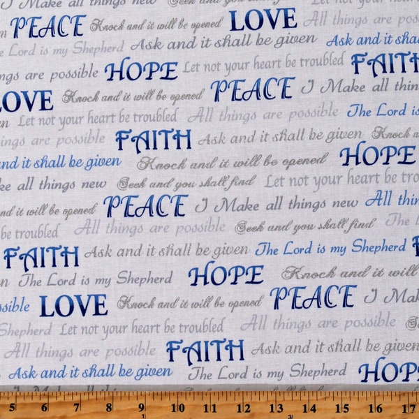 Cotton Faith Hope and Love Scripture Words Phrases White Cotton Fabric Print by the Yard (33428M) D752.26