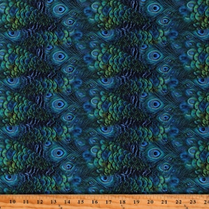 Cotton Peacock Feathers Plumes Plumage Blue Green Birds Cotton Fabric Print by the Yard (119640) D465.47