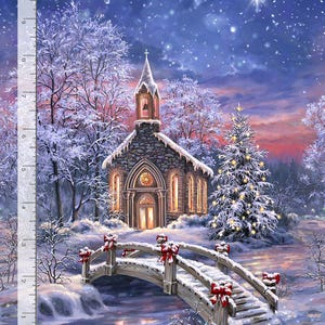 24&quot; X 44&quot; Panel Snowy Chapel Winter Christmas Tree Snow Timeless Treasures Cotton Fabric Panel (PANEL-CD3523-WINTER) D410.34