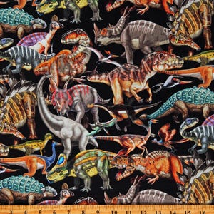 Cotton Dinosaurs Jurassic Prehistoric Animals Land of Giants Kids Black Cotton Fabric Print by the Yard (3379-99) D695.65
