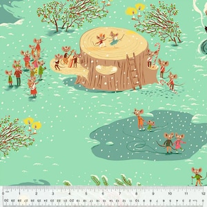 May include: A whimsical fabric design featuring a winter scene with cartoon mice. The mice are dressed in colorful outfits and are gathered around a large tree stump. The background is a light green with falling snow and trees.
