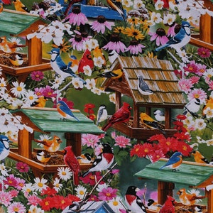 Cotton Birdhouses Birds Flowers Cardinals Bluebirds Bluejays Sparrows Orioles Daisies Cotton Fabric Print by the Yard D372.03 David Textiles