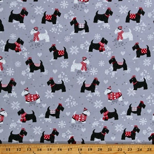 Cotton Scottie Friends Scottish Terriers Scotty Dogs Snowflakes Winter Hats Scarves Knit & Caboodle Gray Fabric Print by the Yard D502.72