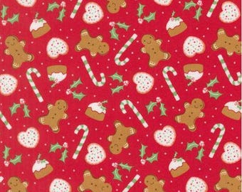 Cotton Merrily On High Gingerbread Candy Canes Holly Christmas Holidays Moda Fabrics Red Cotton Fabric Print by the Yard (43212-13) D333.12