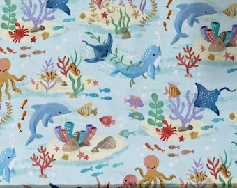 Cotton Cute Ocean Animals Nautical Fish Fishes Aqua Cotton Fabric Print by the Yard (OLIVIA-CD1728-AQUA) D487.73
